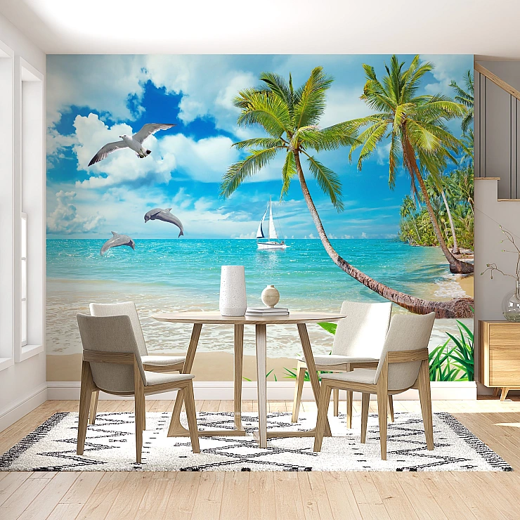 Tropical Beach Dolphins Wall Mural – Palm Ocean Paradise Design