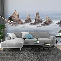 Misty Sea Rock Wall Mural – Serene Coastal Landscape Design