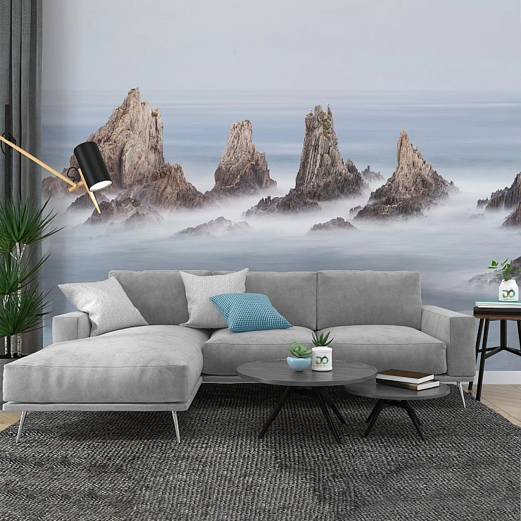 Misty Sea Rock Wall Mural – Serene Coastal Landscape Design Misty Sea Rock Wall Mural – Serene Coastal Landscape Design