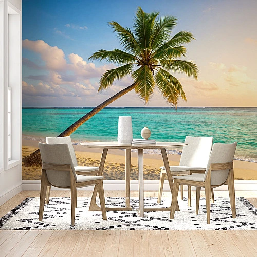 Tropical Beach Palm Wall Mural – Ocean Sunset Paradise Design