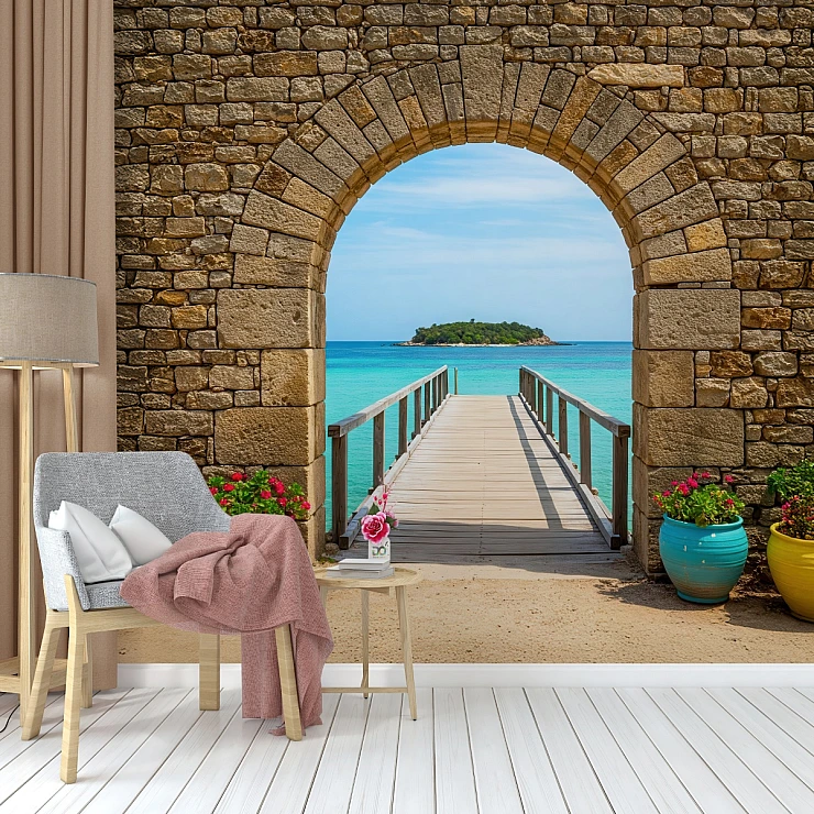 Stone Arch Ocean View Wall Mural – Coastal Pier Tropical Design Stone Arch Ocean View Wall Mural – Coastal Pier Tropical Design