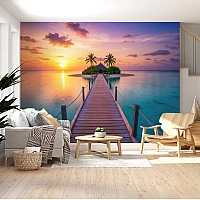 Sunset Island Pier Wall Mural – Tropical Ocean Paradise Design