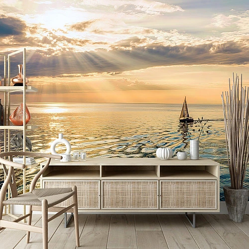 Golden Sunset Sea Wall Mural – Sailing Boat Ocean View Design