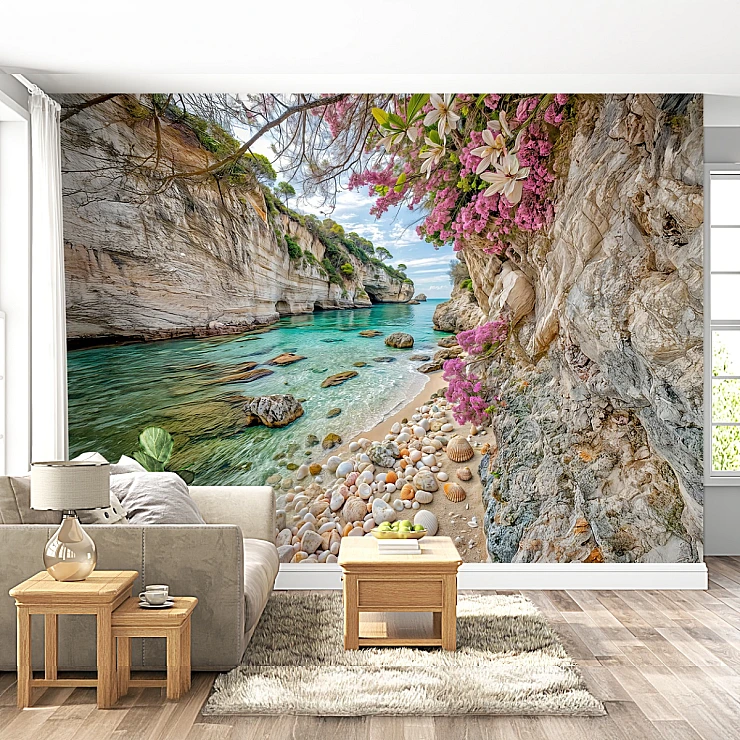 Hidden Coastal Cove Wall Mural – Turquoise Beach & Floral Cliff Landscape