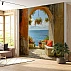 Mediterranean Arch Window Wall Mural – Coastal Sea View & Floral Terrace