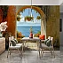 Mediterranean Arch Window Wall Mural – Coastal Sea View & Floral Terrace