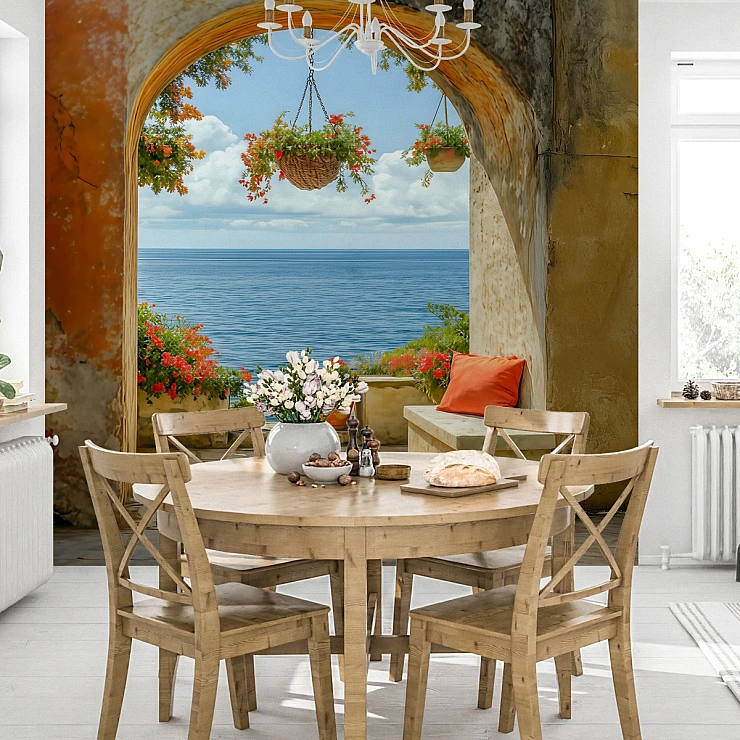 Mediterranean Arch Window Wall Mural – Coastal Sea View & Floral Terrace