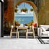 Mediterranean Arch Window Wall Mural – Coastal Sea View & Floral Terrace