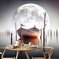 Moonlight Boat Serenity Wall Mural – Dreamy Lake & Full Moon Landscape Wallpaper