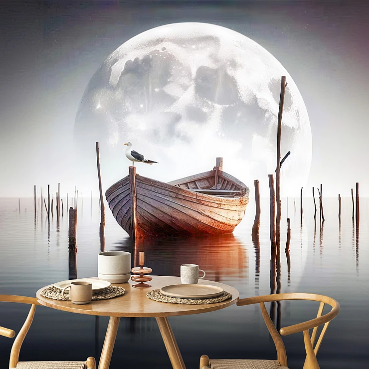 Moonlight Boat Serenity Wall Mural – Dreamy Lake & Full Moon Landscape Wallpaper