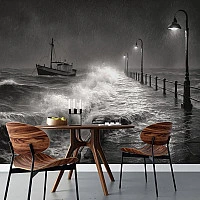 Black and White Storm Sea Wall Mural – Dramatic Pier Ocean Design