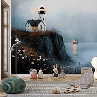 Misty Lighthouse Cliff Wall Mural – Coastal Night Landscape Wallpaper for Kids Room