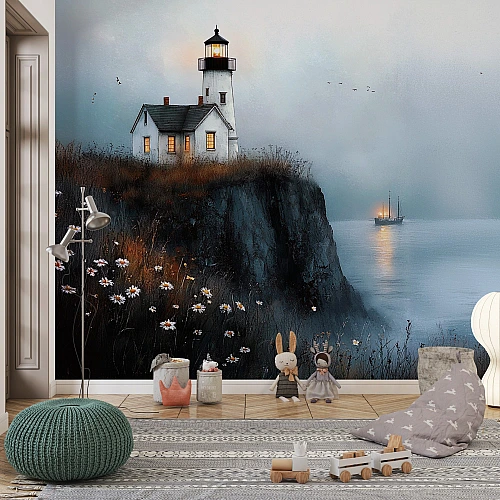 Misty Lighthouse Cliff Wall Mural – Coastal Night Landscape Wallpaper for Kids Room