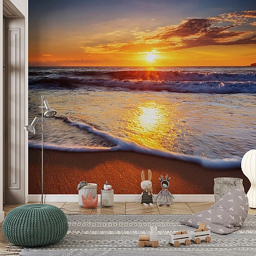 Golden Beach Sunset Wall Mural – Ocean Waves Coastal Design