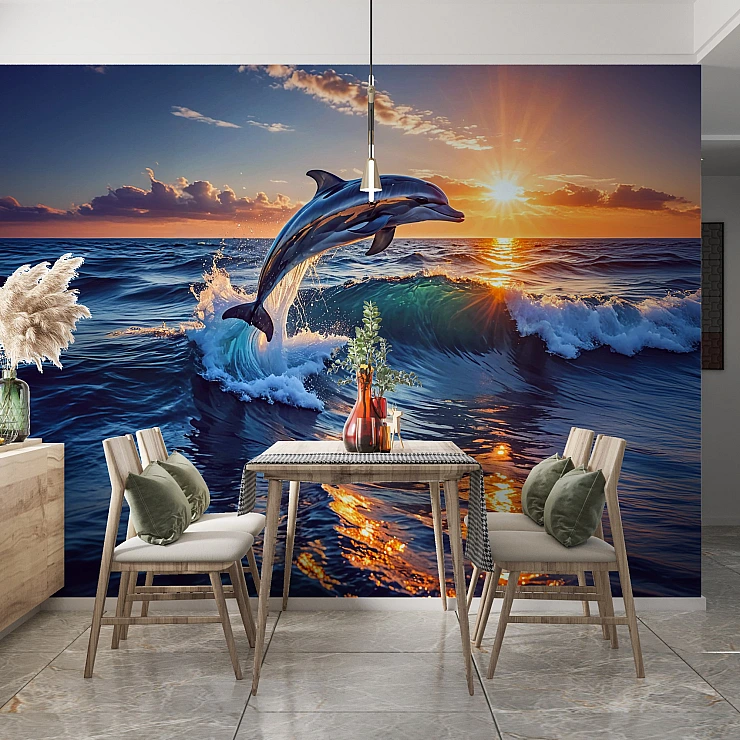 Dolphin Ocean Sunset Wall Mural – Dynamic Sea Wave Design