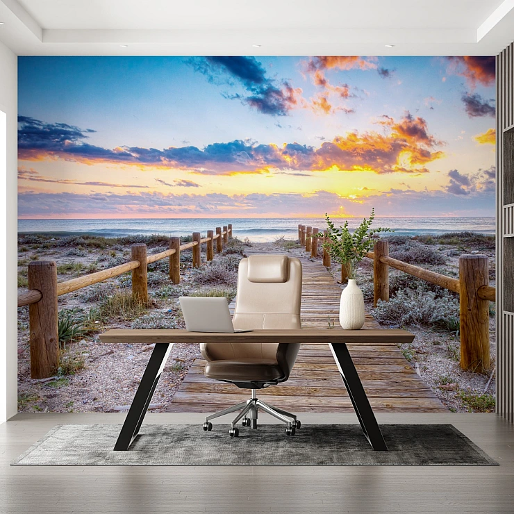 Beach Boardwalk Sunset Wall Mural – Coastal Path Ocean View Design