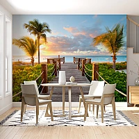 Sunset Beach Pier Wall Mural – Tropical Ocean Walkway Design