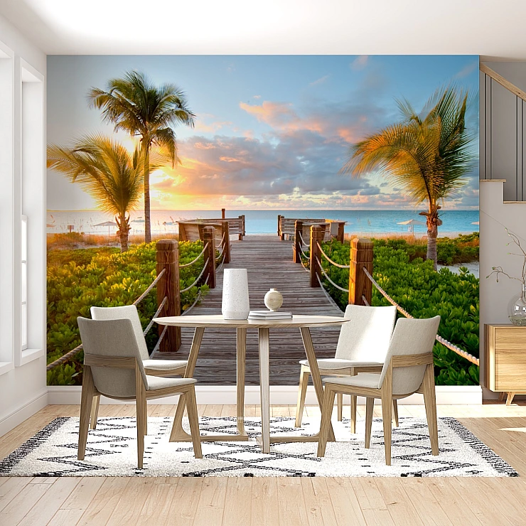 Sunset Beach Pier Wall Mural – Tropical Ocean Walkway Design Sunset Beach Pier Wall Mural – Tropical Ocean Walkway Design