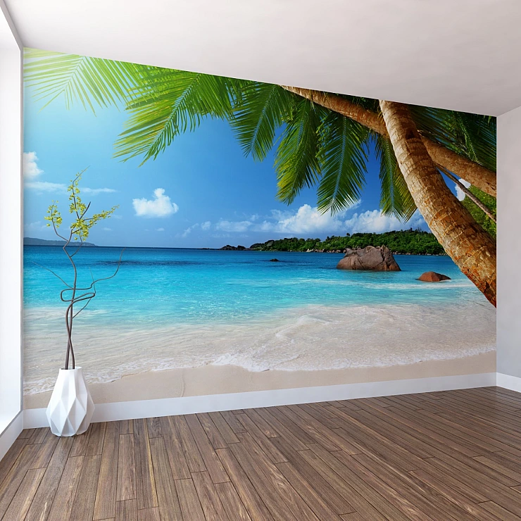 Tropical Palm Beach Wall Mural – Turquoise Ocean Paradise Design