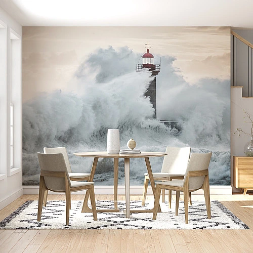 Stormy Lighthouse Wall Mural – Dramatic Ocean Waves Coastal Design