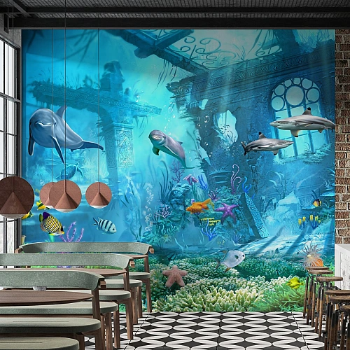 Underwater Ruins Dolphin Wall Mural – Fantasy Ocean Aquarium Wallpaper for Restaurant & Living Spaces
