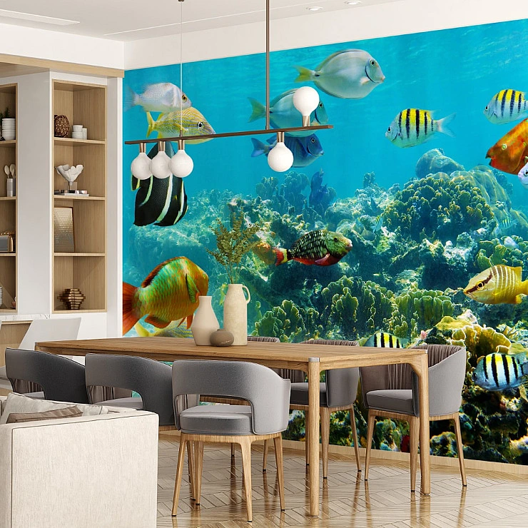 Tropical Coral Reef Fish Wall Mural – Vibrant Underwater Ocean Wallpaper for Dining & Living Room