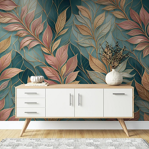 Botanical Leaf Wall Mural – Elegant Blue & Gold Nature Wallpaper for Living Spaces