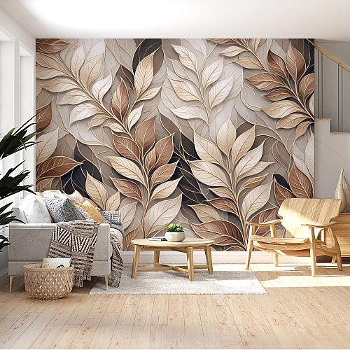 3D Layered Leaves Wall Mural – Elegant Neutral Botanical Design