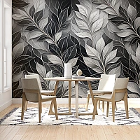 Elegant Leaf Pattern Wall Mural – Black White Botanical Design