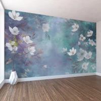 Soft Magnolia Floral Wall Mural – Artistic Blue Green Nature Design