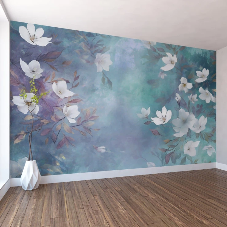 Soft Magnolia Floral Wall Mural – Artistic Blue Green Nature Design