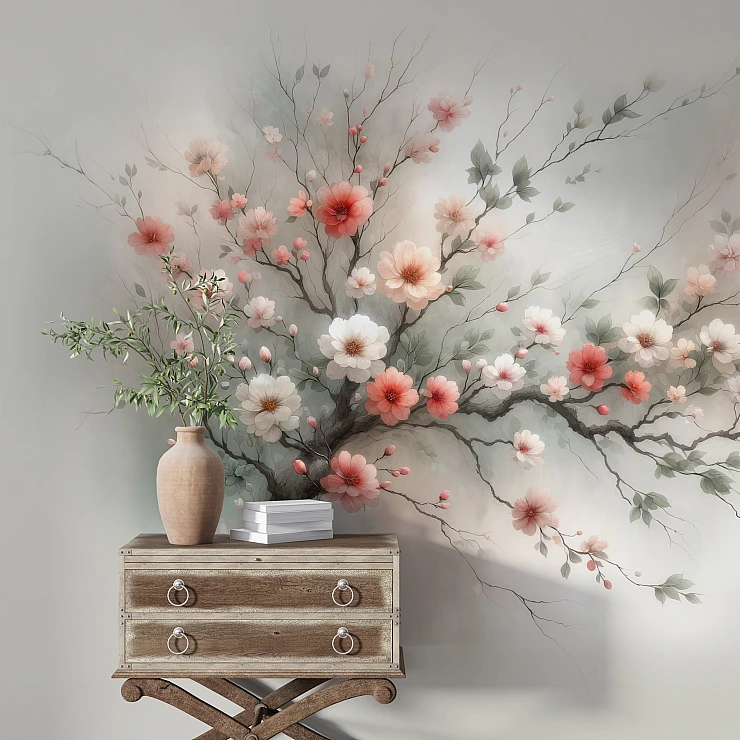 Soft Blossom Branch Wall Mural – Elegant Minimal Floral Design Soft Blossom Branch Wall Mural – Elegant Minimal Floral Design
