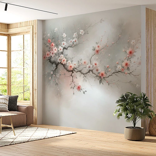 Soft Blossom Branch Wall Mural – Elegant Floral Minimal Design