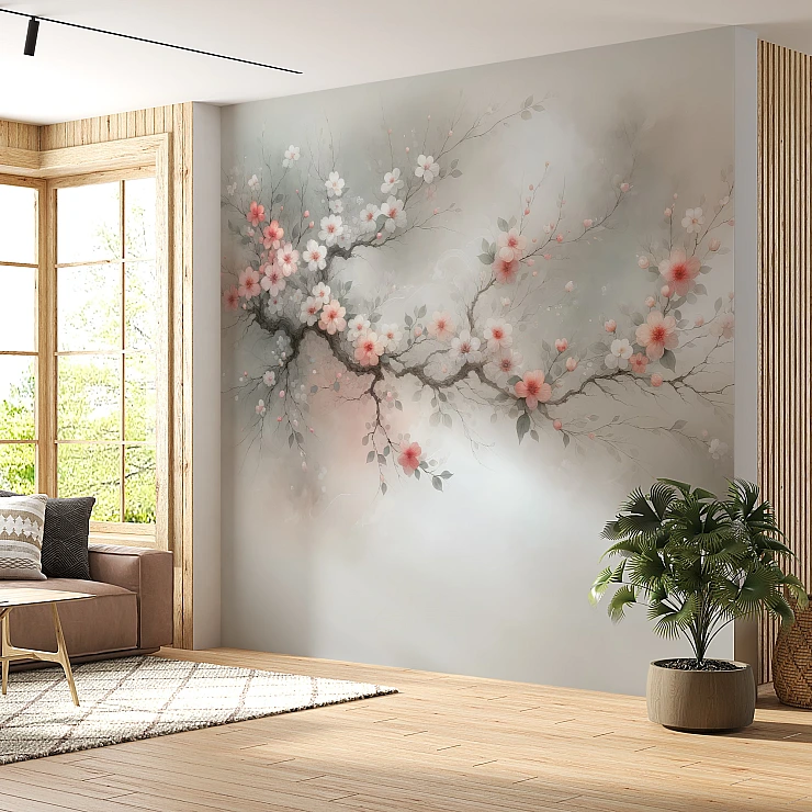 Soft Blossom Branch Wall Mural – Elegant Floral Minimal Design