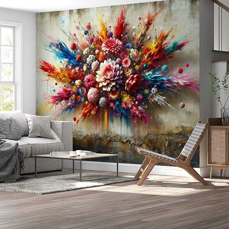 Abstract Floral Explosion Wall Mural – Colorful Artistic Flower Design