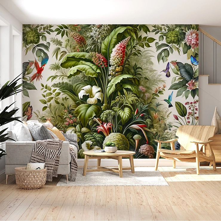 Vintage Tropical Botanical Wall Mural – Exotic Garden Birds Design
