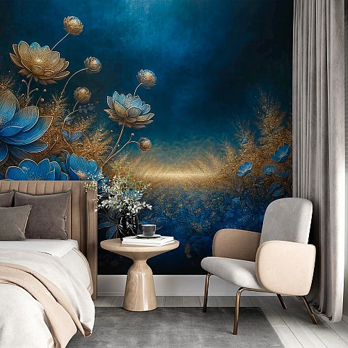 Luxury Blue Gold Floral Wall Mural – Elegant Botanical Art Design