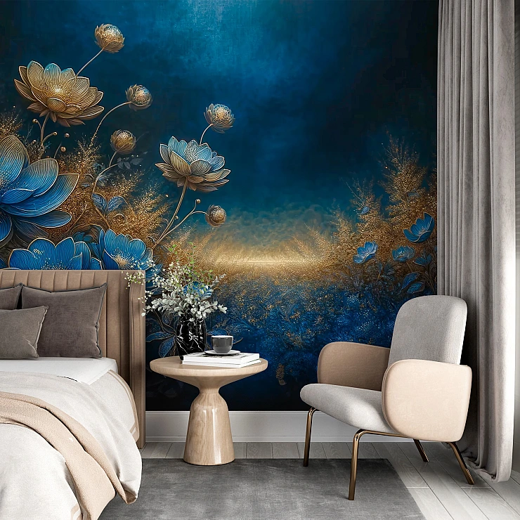 Luxury Blue Gold Floral Wall Mural – Elegant Botanical Art Design Luxury Blue Gold Floral Wall Mural – Elegant Botanical Art Design