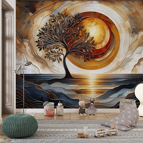 Abstract Tree Sunset Wall Mural – Artistic Gold Landscape Design