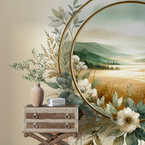 Golden Frame Botanical Landscape Wall Mural – Elegant Floral Scenic Wallpaper for Living Room