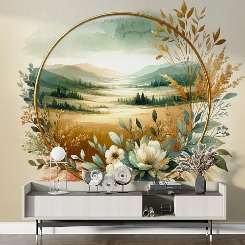 Golden Circle Landscape Wall Mural – Elegant Botanical Frame Wallpaper for Living Room