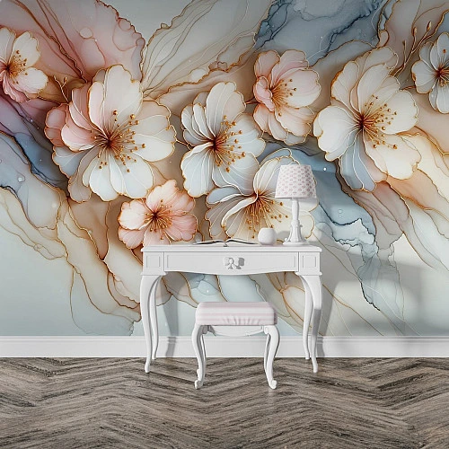 Luxury Floral Marble Wall Mural – Gold Line Artistic Design