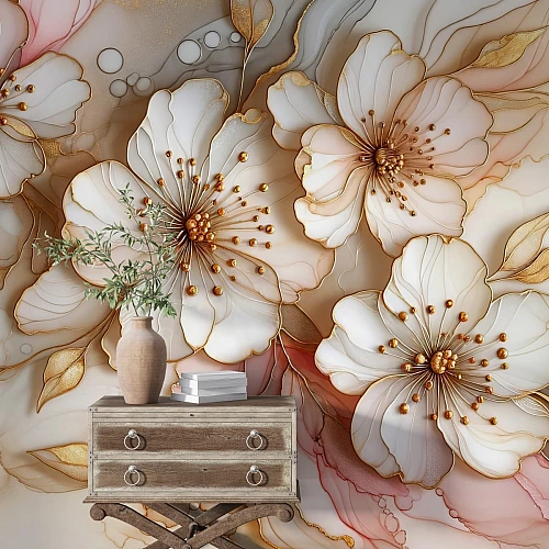 Luxury White Gold Floral Wall Mural – Elegant Soft Blossom Design