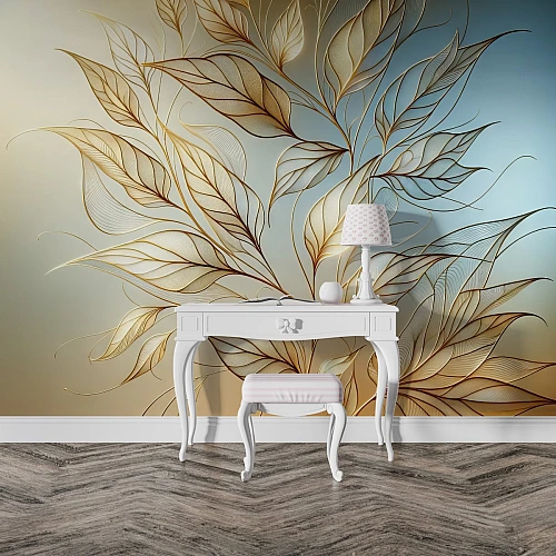 Elegant Gold Leaf Wall Mural – Minimal Botanical Line Art Design