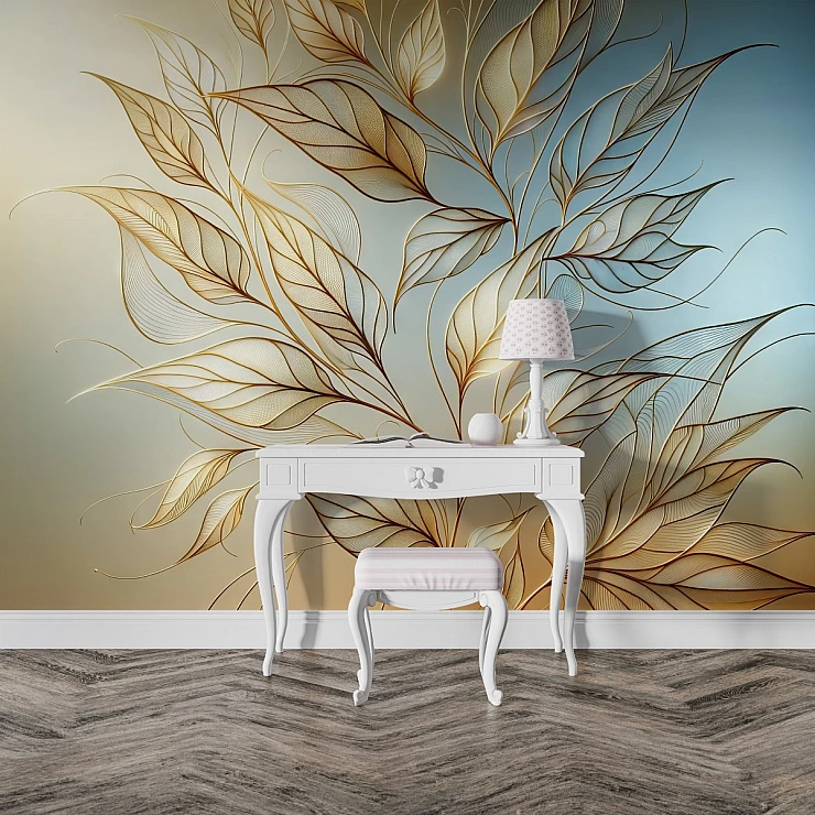Elegant Gold Leaf Wall Mural – Minimal Botanical Line Art Design