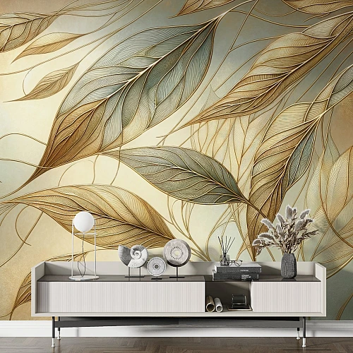Golden Botanical Leaves Wall Mural – Elegant Line Art Nature Design