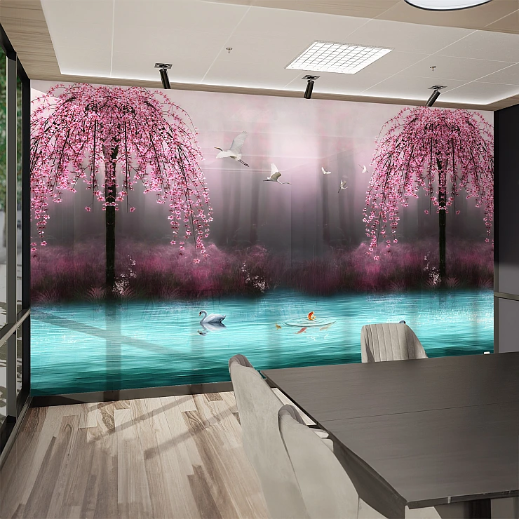 Cherry Blossom Lake Wall Mural – Pink Trees Misty Water Landscape Cherry Blossom Lake Wall Mural – Pink Trees Misty Water Landscape