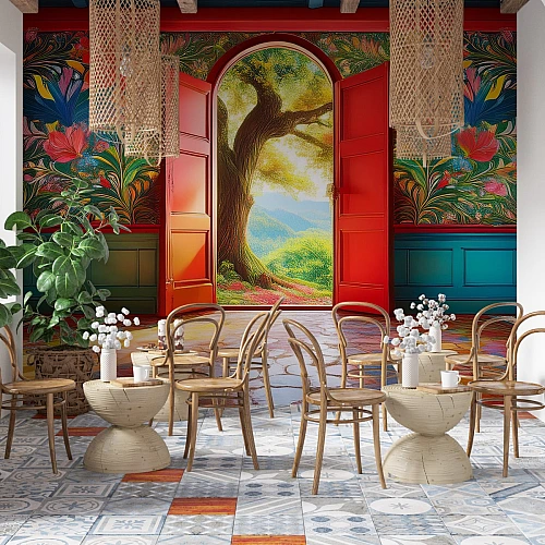 Tropical Doorway Garden Wall Mural – Colorful Exotic Interior View Wallpaper for Café & Living Room