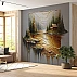 Golden Forest Cabin Wall Mural – 3D Layered Landscape Art Design