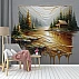 Golden Forest Cabin Wall Mural – 3D Layered Landscape Art Design